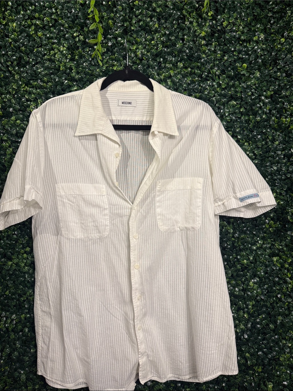 Moschino Cream and White Subtle Stripe Short-Sleeve Button-Up